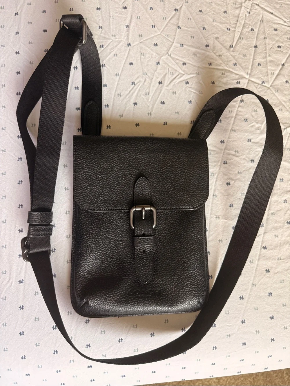 Coach Men's Black Pebbled Leather Messenger Bag with Buckle